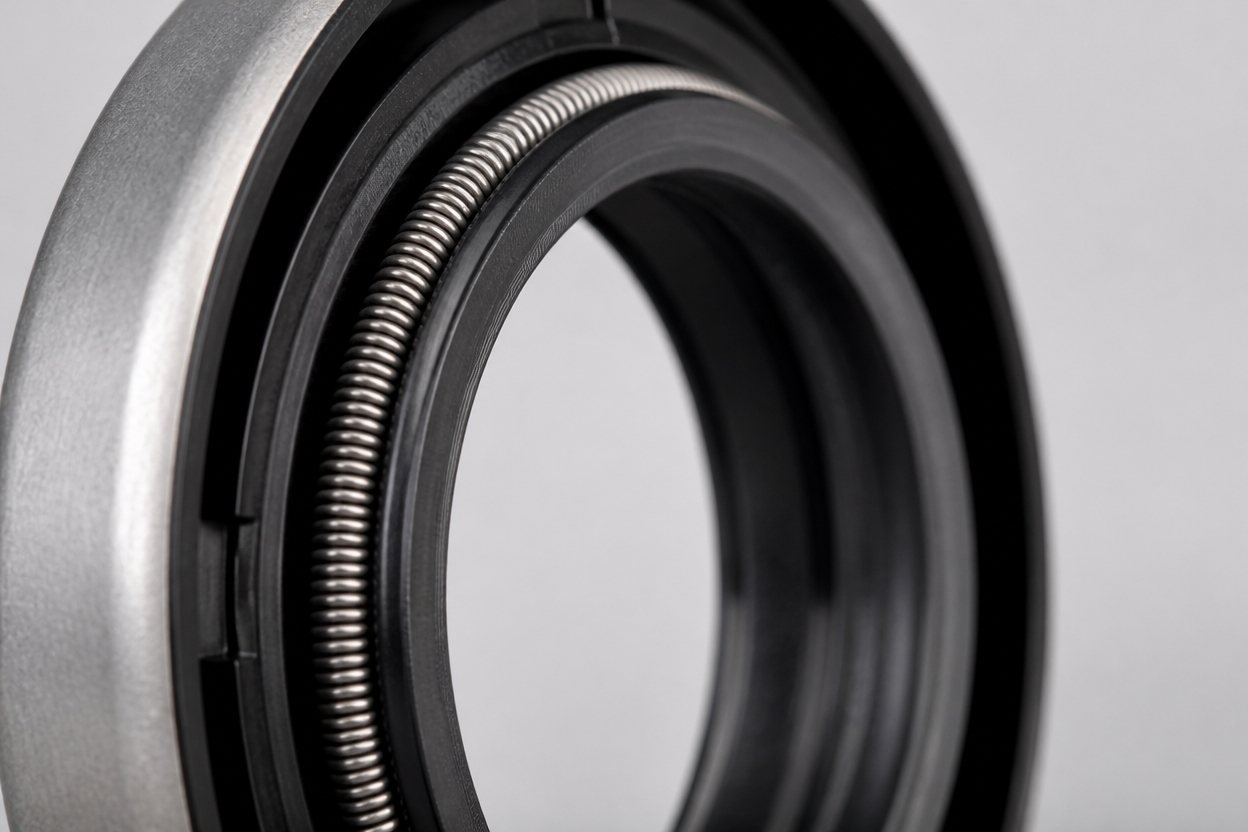 Close-up of a black rubber oil seal showing the garter spring and sealing lip used in farm machinery