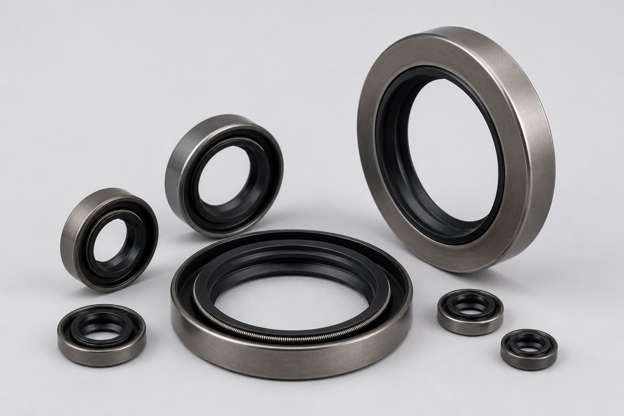 Agricultural machinery oil seals in assorted sizes with rubber sealing lips and metal casings