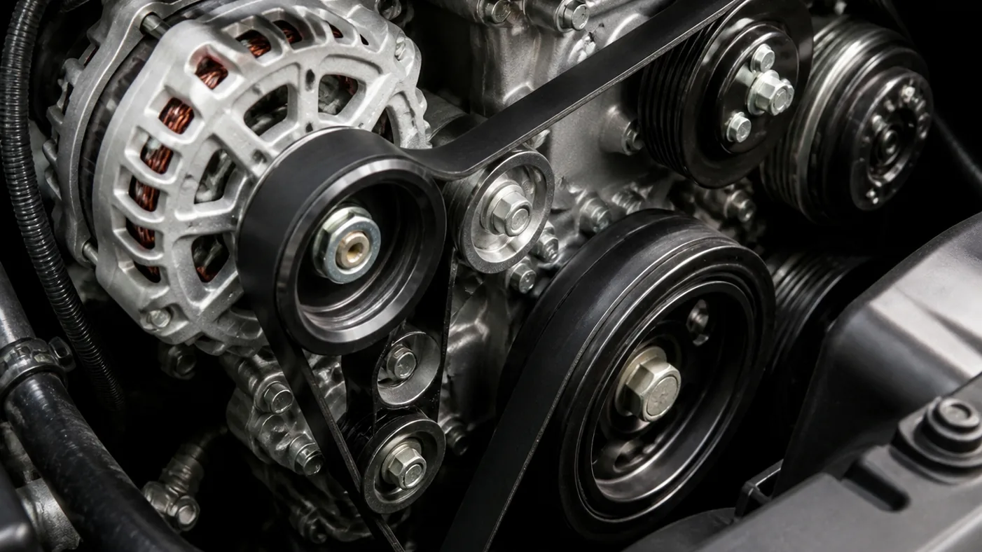 Automotive V belt running on engine accessory pulleys
