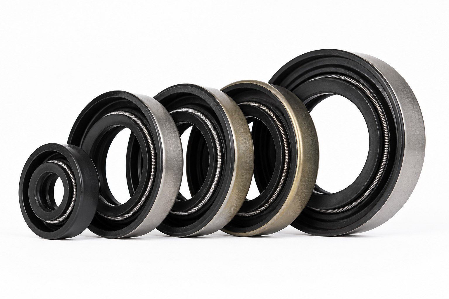 Car engine oil seals &mdash; black rubber lip seals with metal cases and garter springs