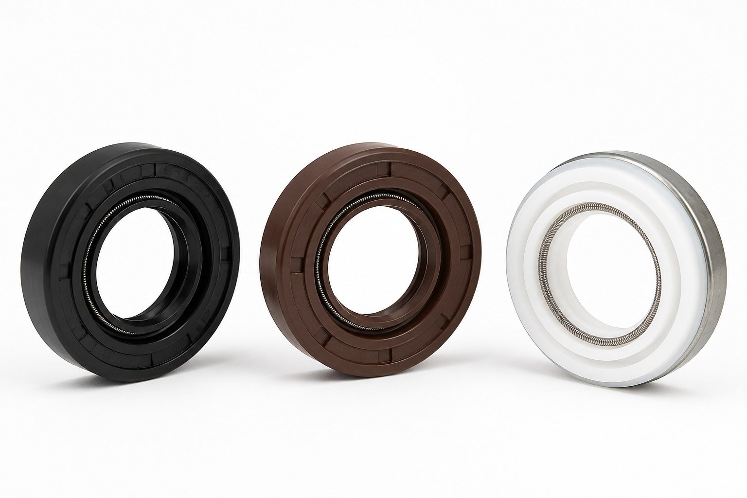 Automotive oil seals in NBR, FKM and PTFE materials &mdash; black, dark brown and white seal compounds