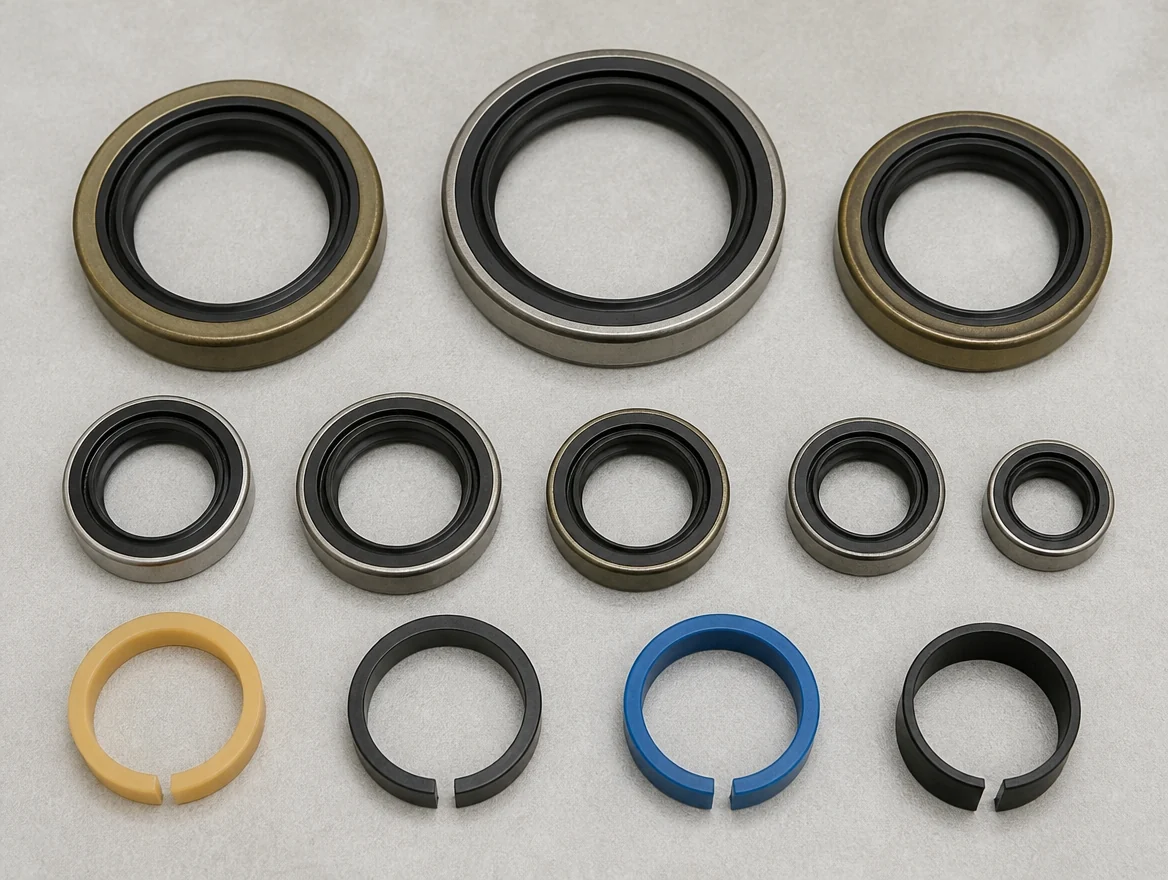 Assortment of heavy-duty excavator oil seals with metal casings and rubber lips, and split wear rings