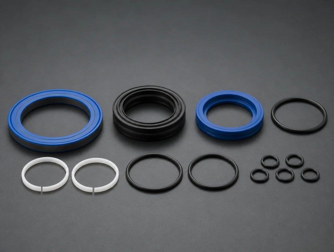 Excavator hydraulic cylinder seal kit components including piston seal, rod seal, wiper, O-rings and backup rings