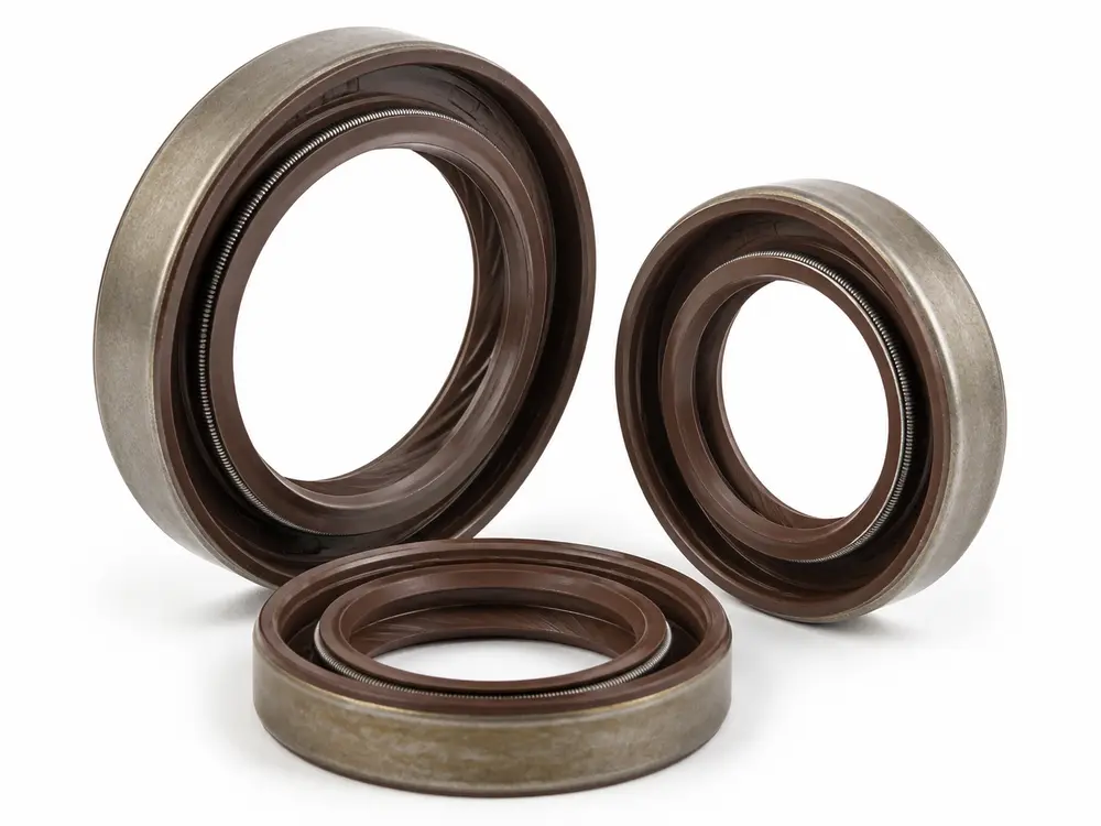 Brown FKM fluoroelastomer gearbox oil seals with metal outer cases and visible sealing lips