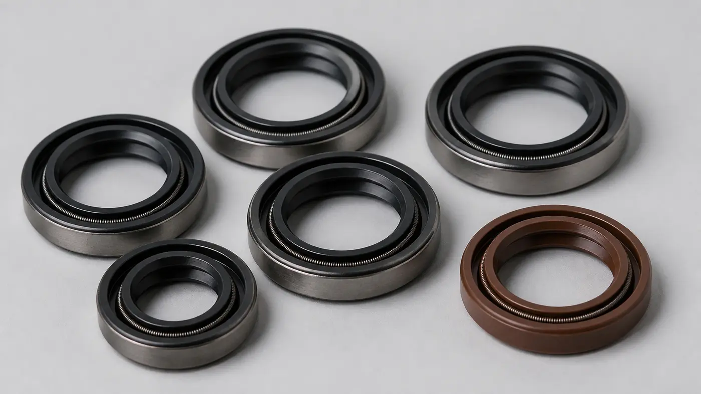 Rotary shaft oil seals for gearboxes with rubber sealing lips, metal cases and garter springs