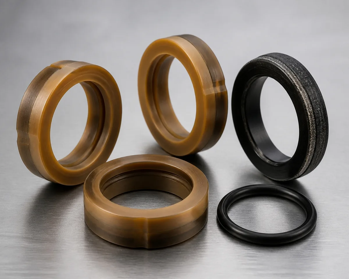 Hydraulic piston seals in amber polyurethane with a fabric-reinforced wear ring and a black O-ring on a brushed metal surface