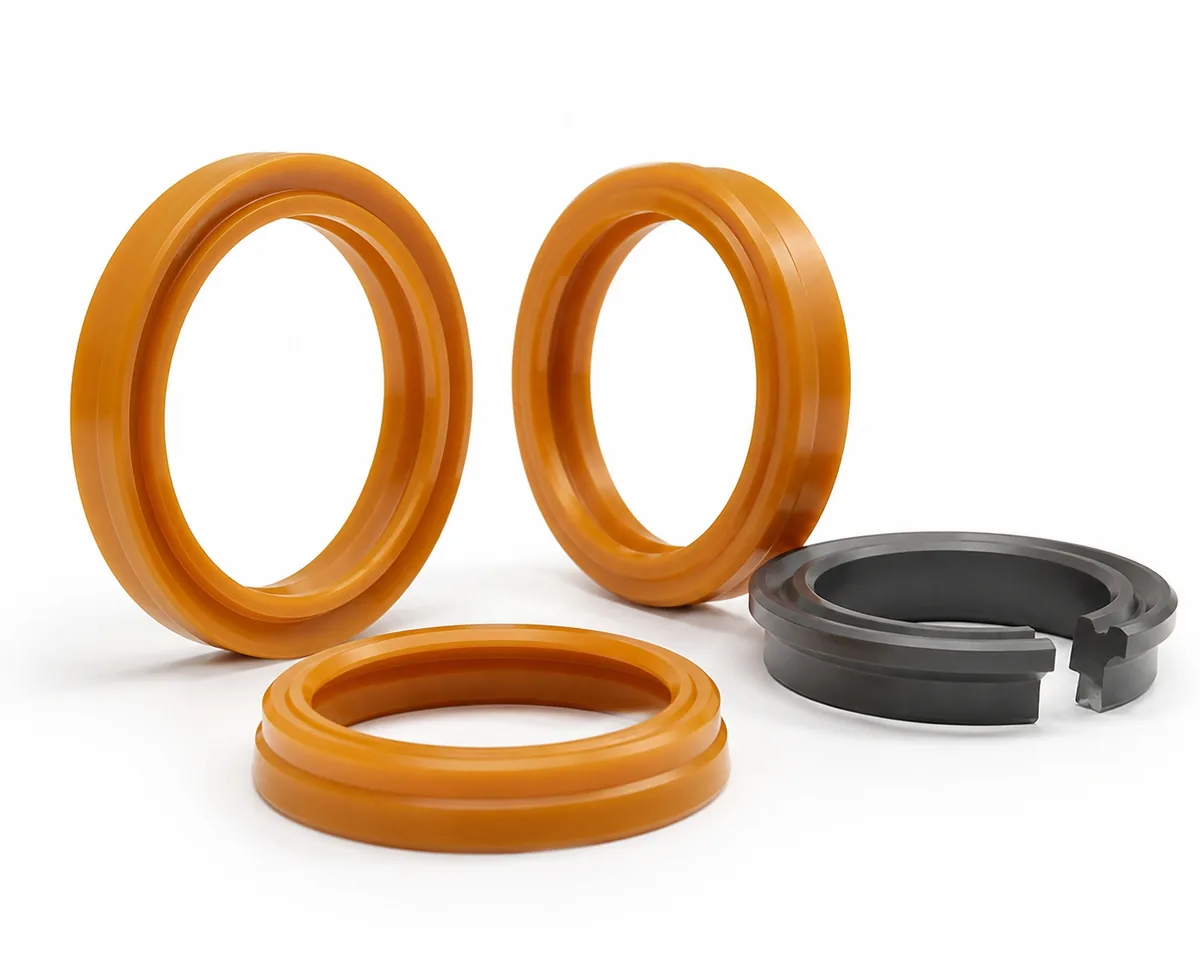 Amber polyurethane hydraulic rod seals with sealing lips visible, beside a dark split guide ring on a white background