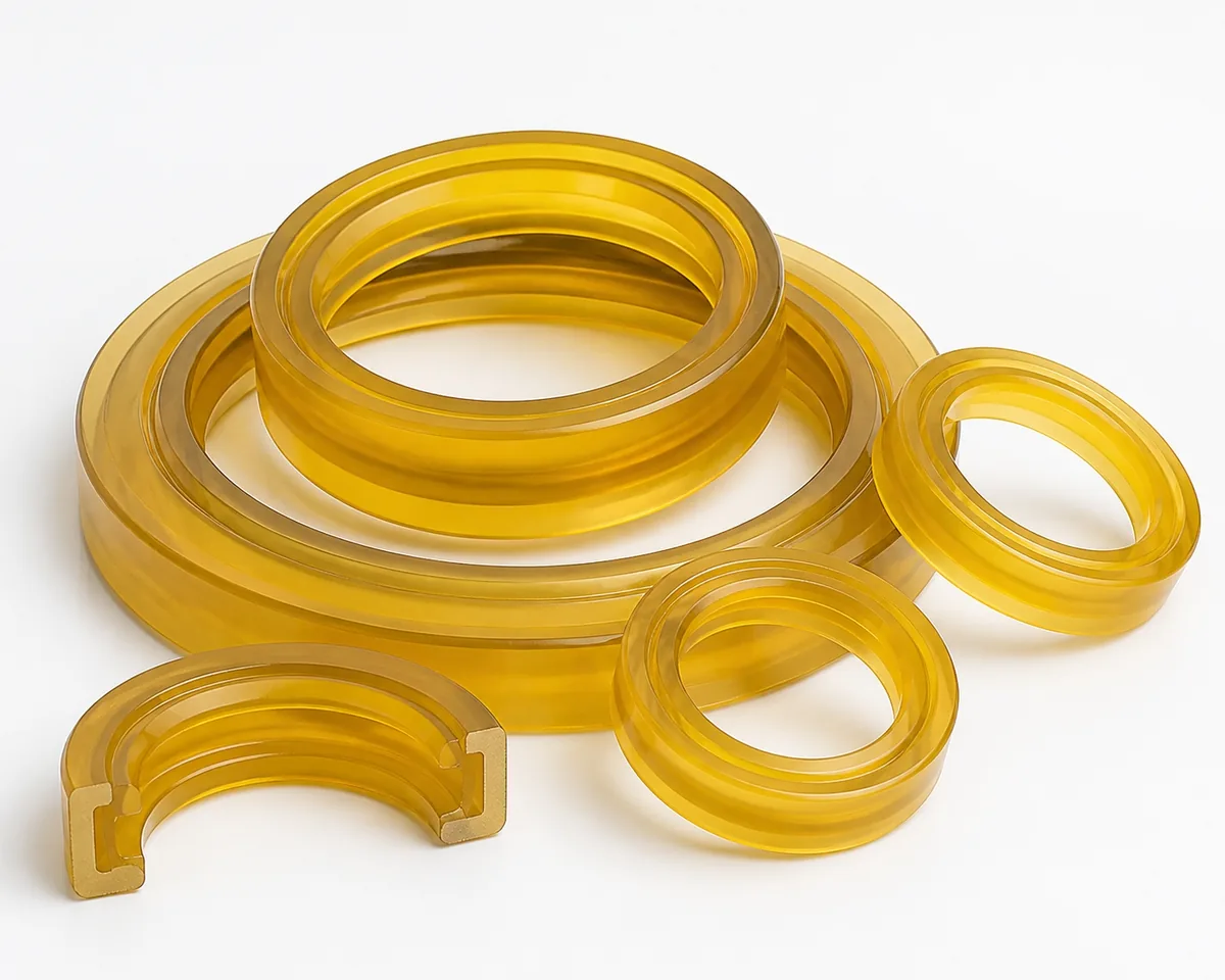 Translucent amber polyurethane hydraulic oil seals of several diameters, including a cutaway showing the U-cup profile