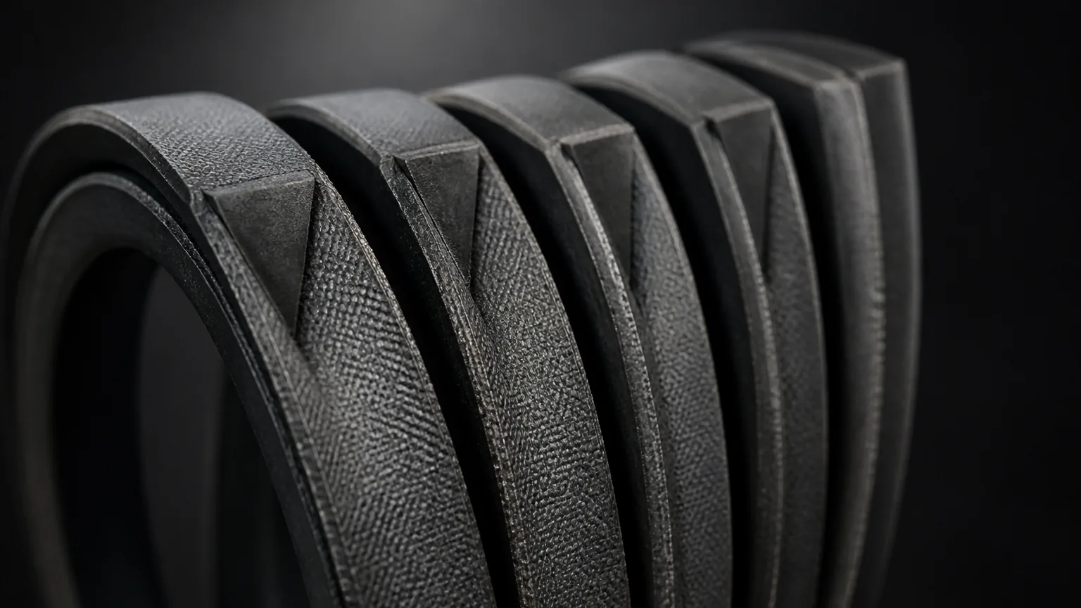 Rubber V belts showing wrapped surface and angled V profile edges