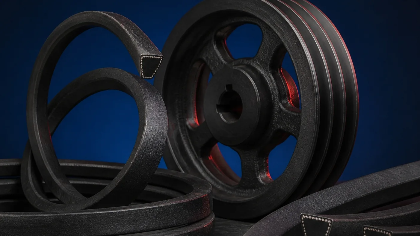 V belt manufacturers in India — rubber V belts with trapezoidal cross-sections on a cast iron pulley