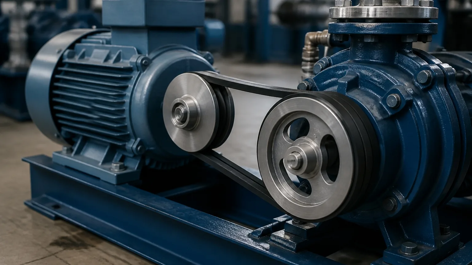 V belt power transmission drive between an electric motor pulley and a pump