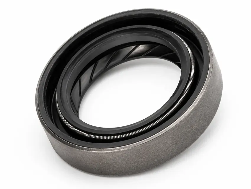Close-up of a rotary shaft oil seal showing the rubber sealing lip, garter spring and metal case