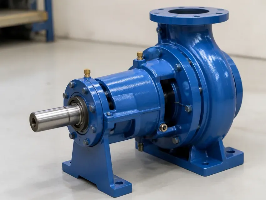 Industrial water pump showing the horizontal shaft and bearing housing where a rotary sealing component is installed