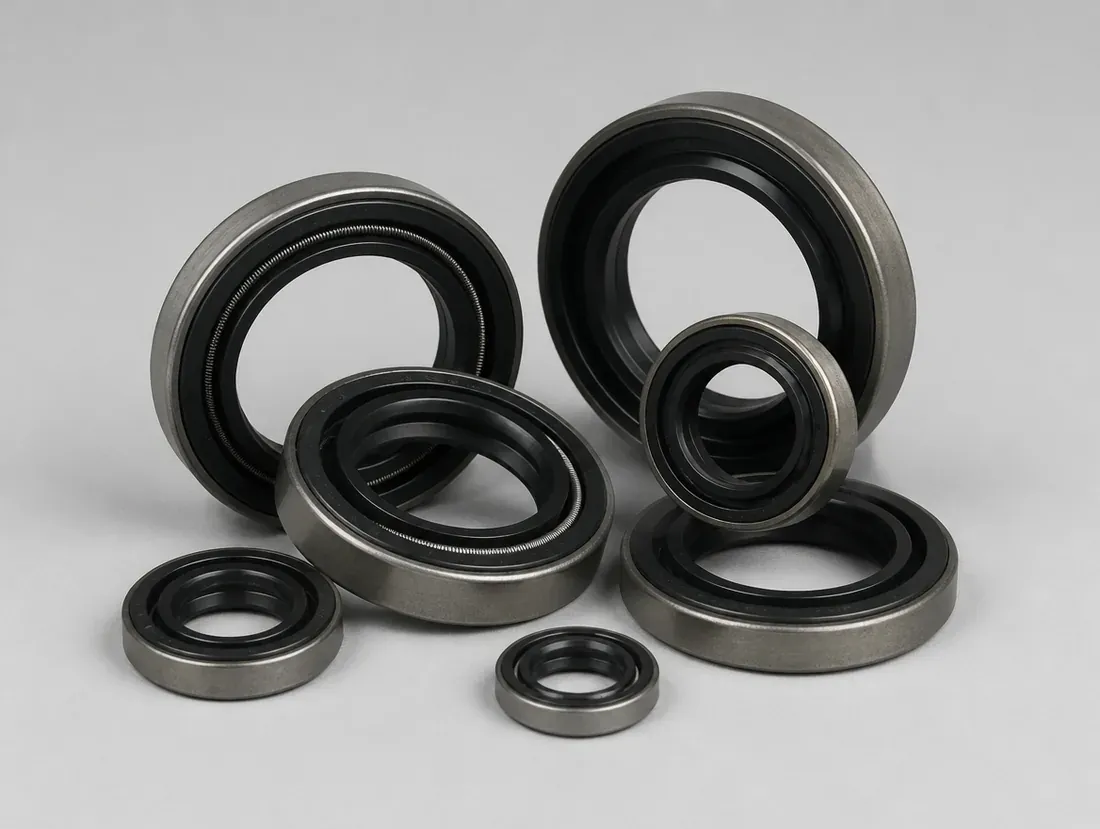 Assorted black rubber rotary shaft oil seals with metal cases, sized for water pump shaft sealing applications